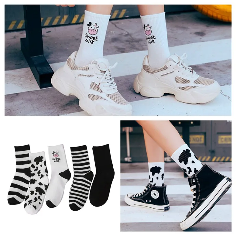 

5 pairs kawaii happy sock Striped socks funny cow print white cartoon calcetines cozy harajuku skarpetki damskie cute animal