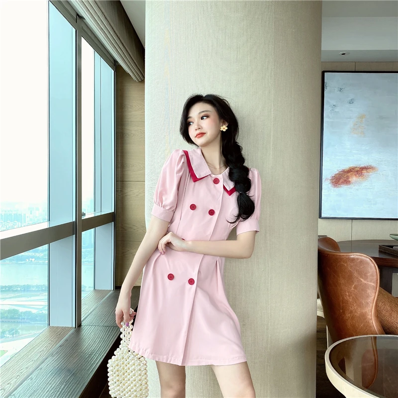 

COIGARSAM 3XL Plus Size French Style Women dress Summer Vintage Puff Sleeve Double Breasted High Waist Dresses Pink Purple 8012