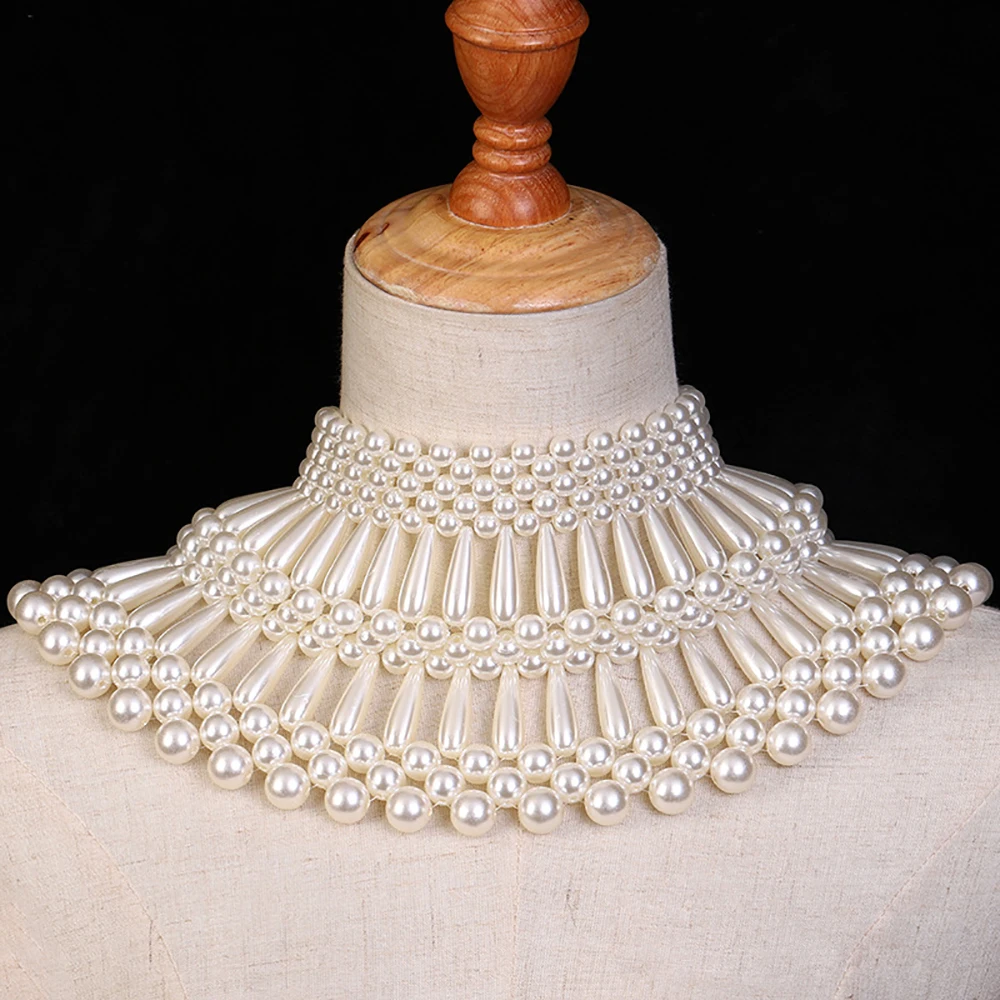 Women's New Masquerade ABS Pearl Shawl Necklace Hand Woven Retro Beaded Sweater Chain Wedding Dress Accessories