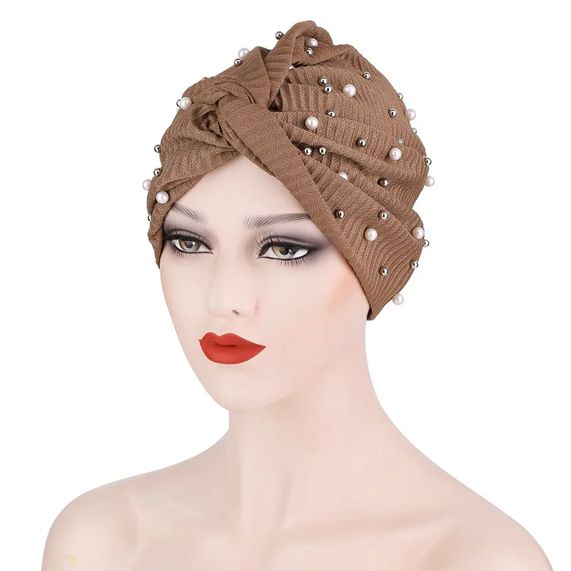 

Women's Pearl Turban Hat The New Solid Color Knot Elastic National Wind Polyester Cotton Indian Hat Manufacturers Direct Supply
