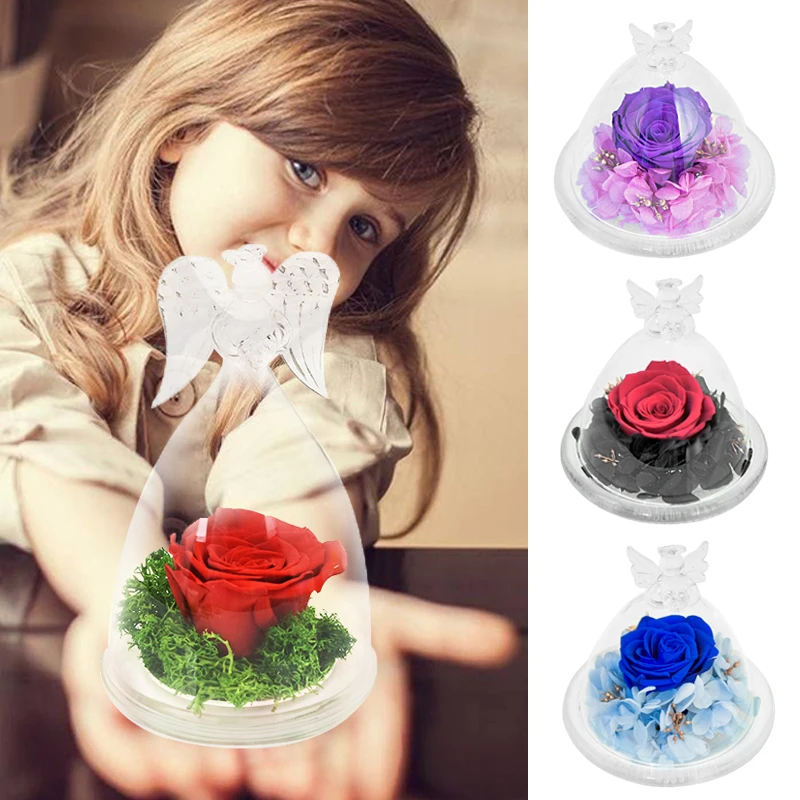 

AINYROSE New Arrive Eternal Artificial Flowers In Angel Glass Cover Wedding Christmas Mother Valentine Day Gifts for Her
