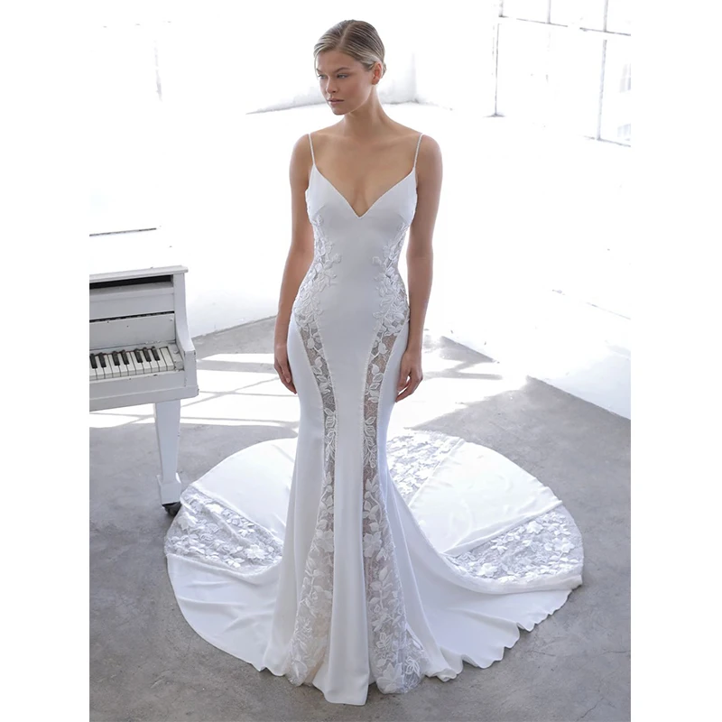 

Роскошное атласное свадебное платье с юбкой-годе на бретелях-спагетти кружевное платье с аппликацией и V-образным вырезом длиной до пола женское платье
