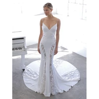 luxury mermaid satin spaghetti straps wedding dress lace appliques v neck floor length bridal gown customized robe de mari%c3%a9e