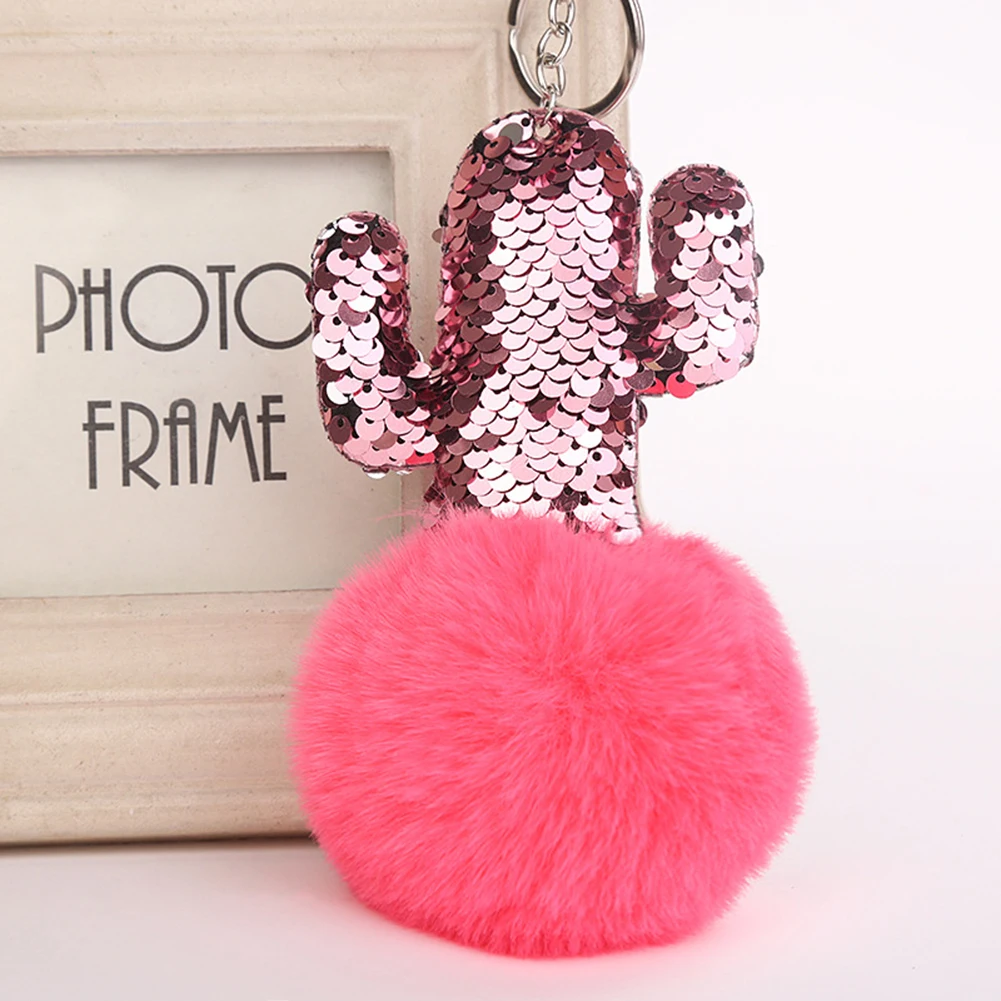 Блестки кактус искусственный мех мяч брелок для ключей автомобиля Женская