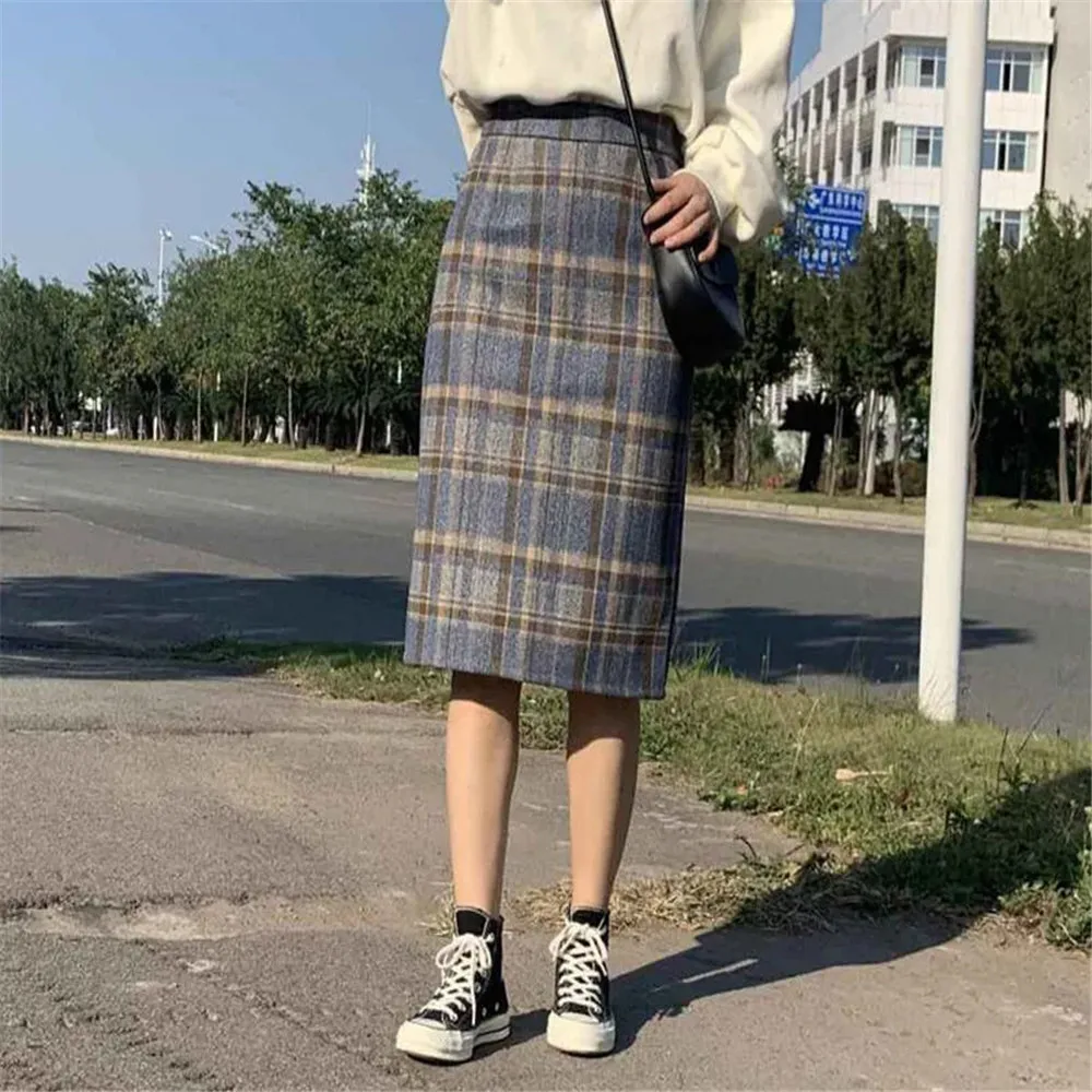 Винтажная клетчатая сумка длинная юбка на бедрах Женская Корейская свободная