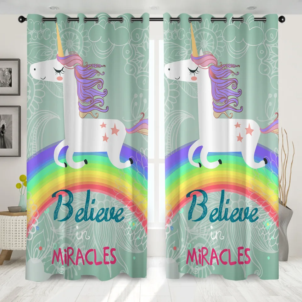 

SOFTBATF Blue Unicorn Windows Curtains Darkening for Living Room Bedroom Decorative Kitchen Curtains Dropshipping