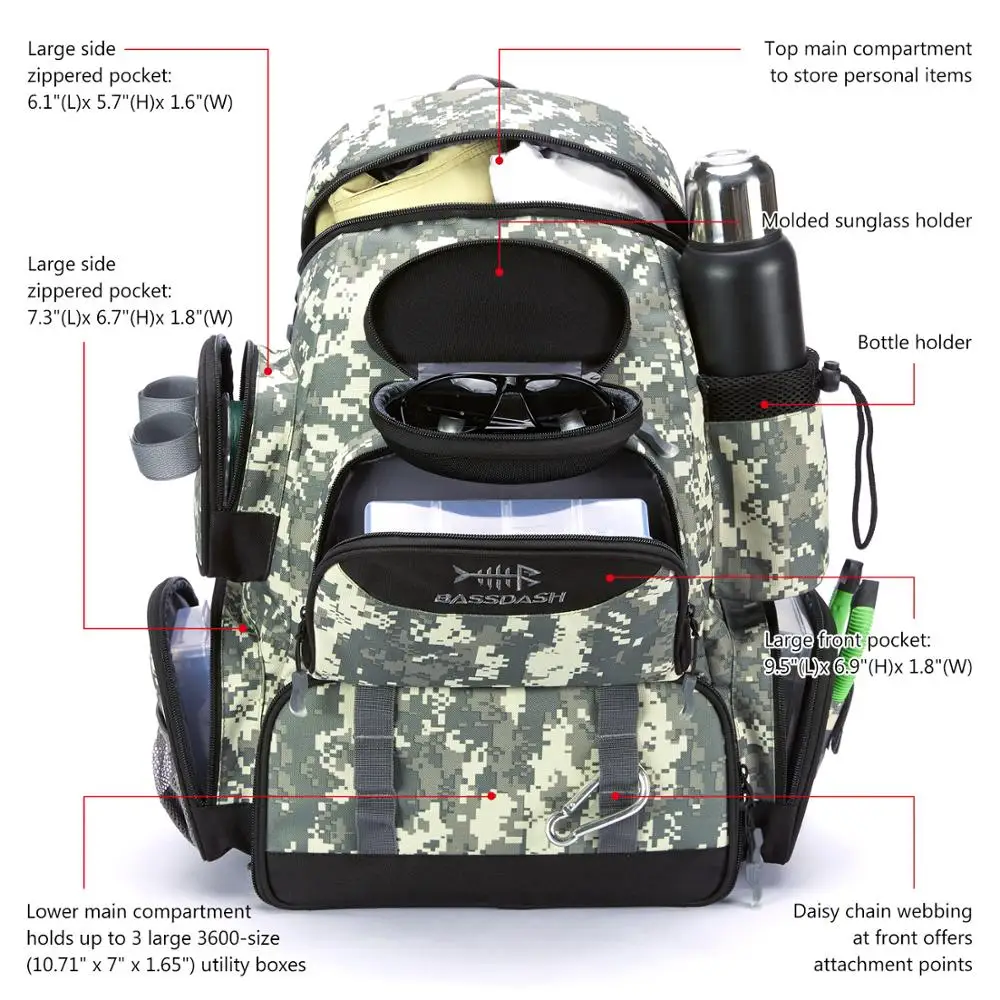 Bassdash Fishing Tackle Backpack Water Resistant Lightweight Tactical Bag with Rod Holder and Protective Rain Cover enlarge