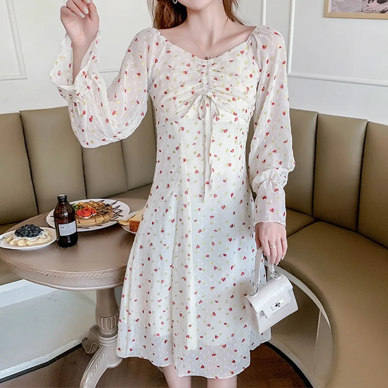 

Floral Women Dresses Summer 2021 Long Sleeve Maxi Modest Chiffon Casual Dress V-Neck Robe Longue Grande Taille Fashion Cyber Y2k