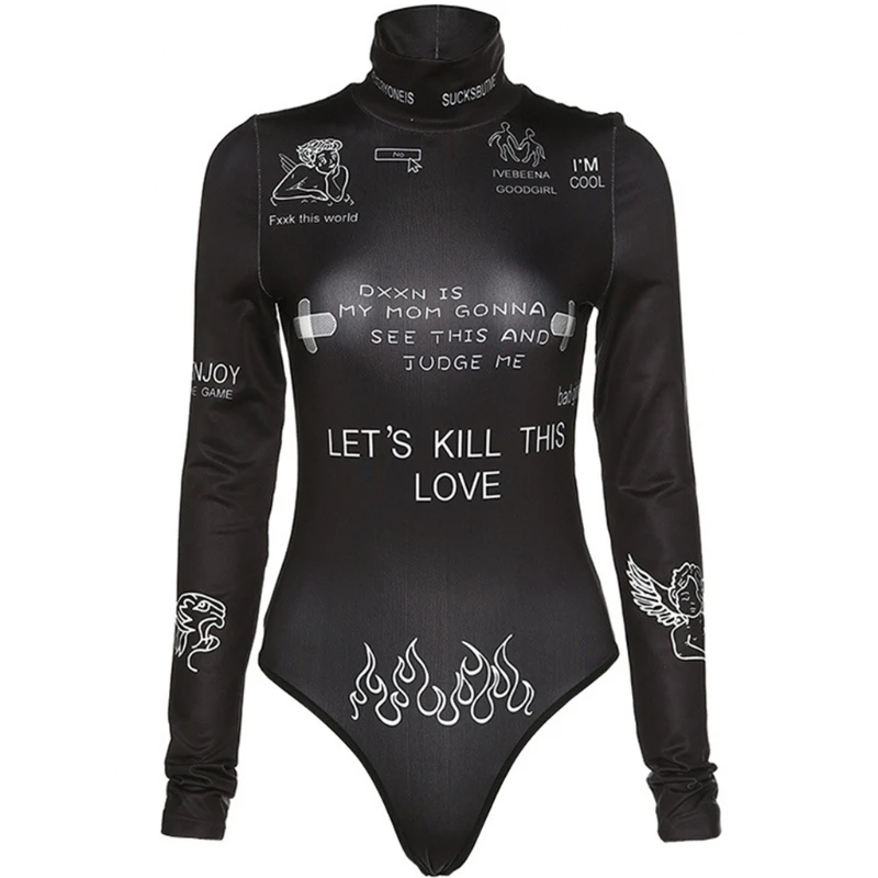 

Women Long Sleeve Turtleneck Bodysuit Harajuku Graffiti Letters Bodycon Leotard F3MD