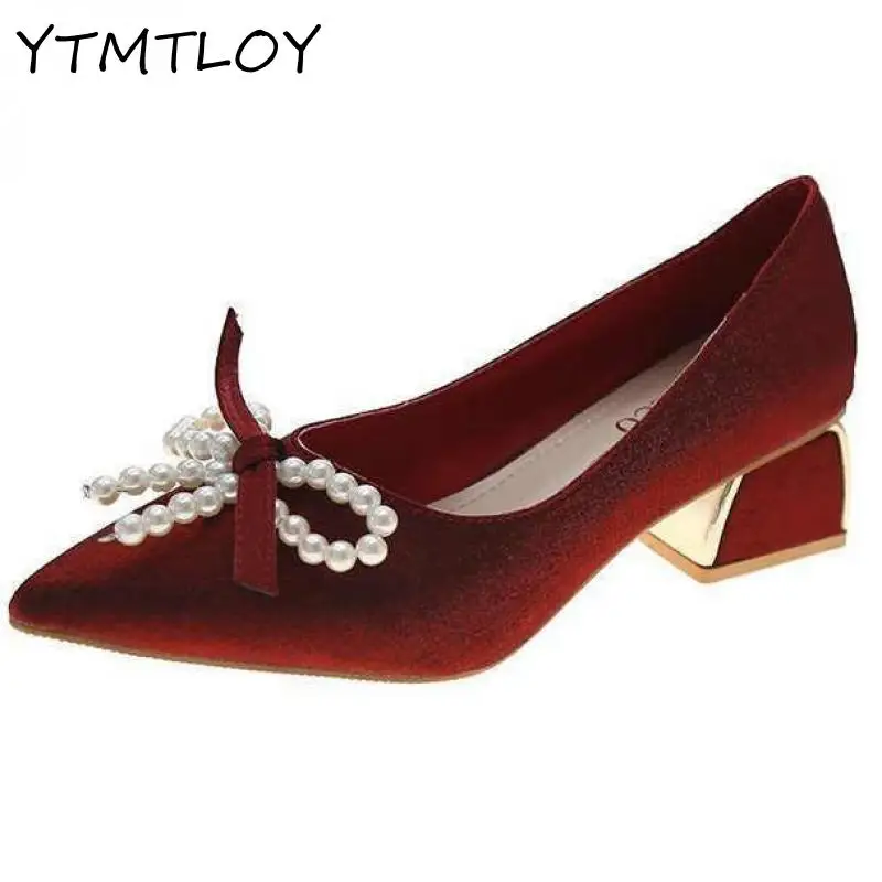 Ladies Fashion Pointed Toe High Heels Sexy Red Wedding With Pearl Decoration Women Party Shoes | Обувь