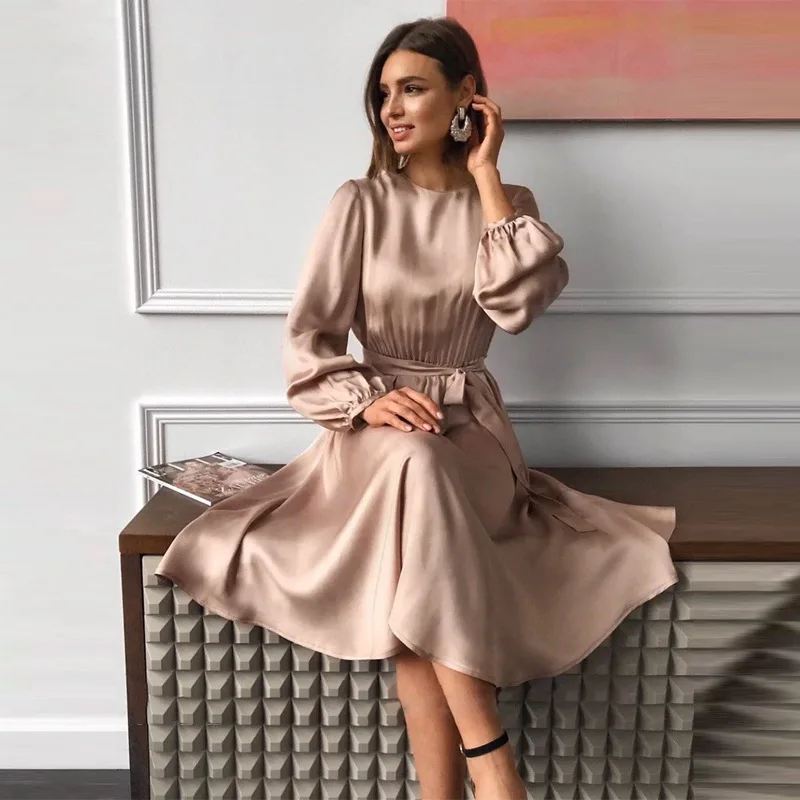 

Women Vintage Sashes Satin a-line Dress Lantern Sleeve O neck Solid Elegant Casual Party Dress 2021 Summer OL New Fashion Dress