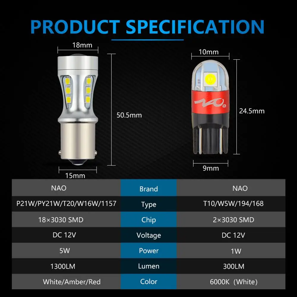 NAO T10 светодиодный P21W W5W 1300Lm T20 7443 PY21W 1156 W16W T15 BAY15D W21/5W W21W BA15S авто интерьерный