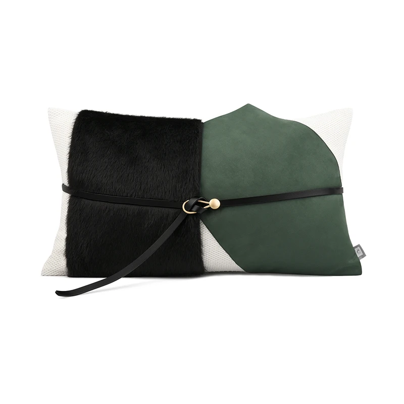 

Light Luxury Throw Pillows Coffee Green Leather Patchwork Cushion Cover Set Black Fur Home Decoration Sofa Cushions 30x50cm
