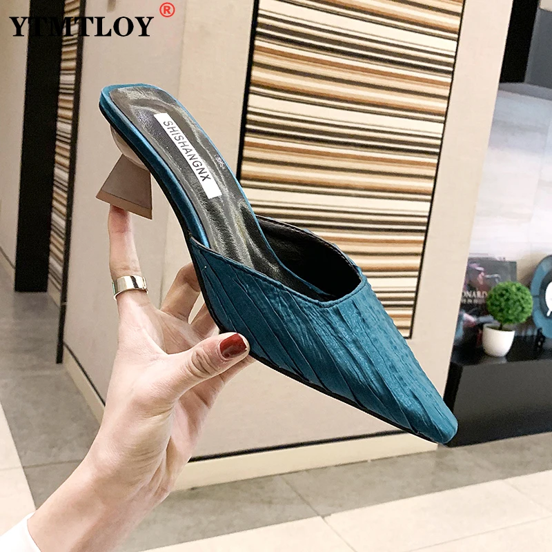 

New Pointed Toe Beige High Heel Muller Slippers Summer Women Shoes Woman Fashion Satin 5cm High Heel Slippers Slides