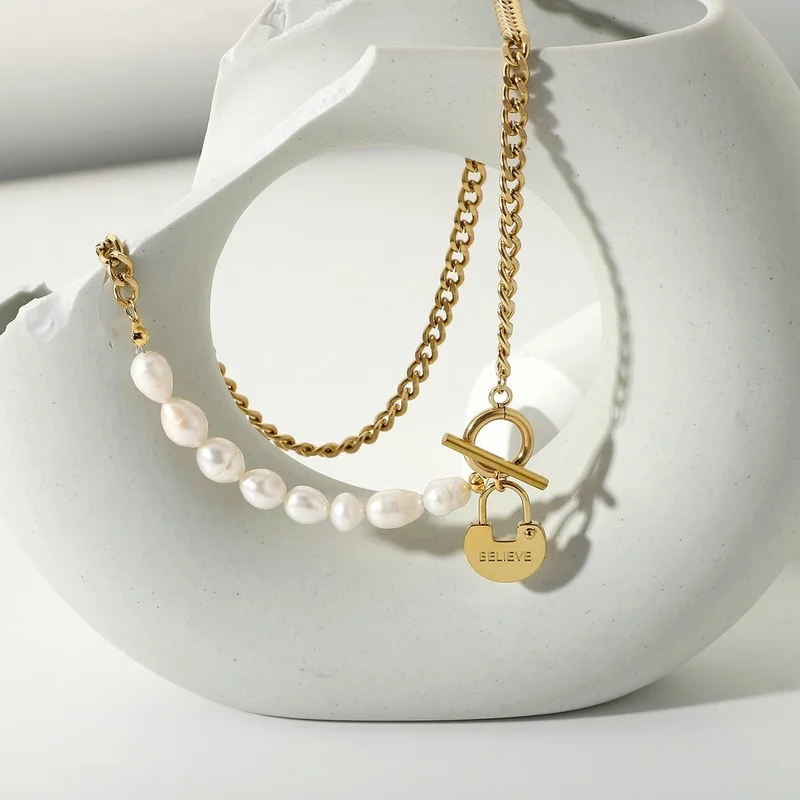 

New style Chain Necklace for Women Multi Layered Choker Paperclip Chains Lock Pendant Pearl Choker Necklace Jewelry