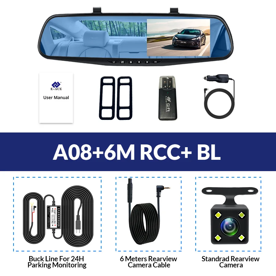 E-ACE Автомобильная Dvr камера FHD 1080P Dash Cam 4,3 дюймов зеркало заднего вида видео регистратор с камерой заднего вида видеокамера Авто Регистратор