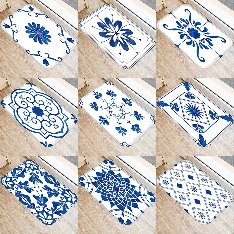 Сине белые фарфор для кухонной и входной двери коврик из бархата кораллового