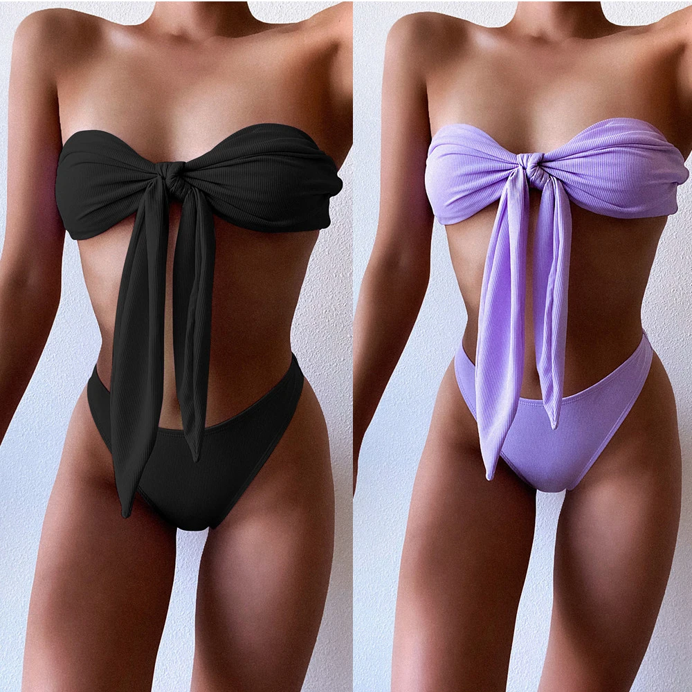 

2PCS Summer Women's Bikinis Tube Top Swimming High Waist Shorts 2021 Female Sexy Women's Bathing Suits Beachwear Underwear Set