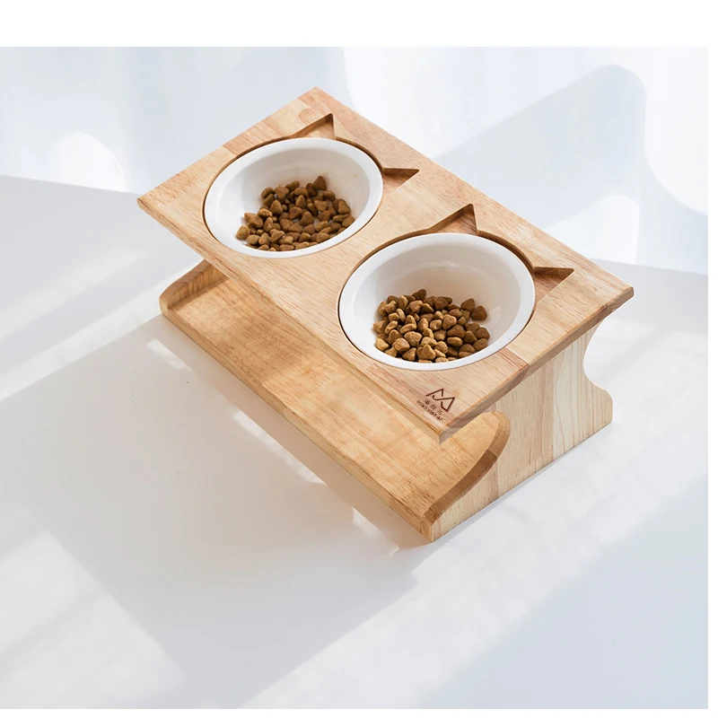

Solid Wood Ceramic Cat Bowl Double Bowl Protection Cervical Sloping Rice Bowl Anti-tipping Bowl Holder Dining Table Dog Bowl