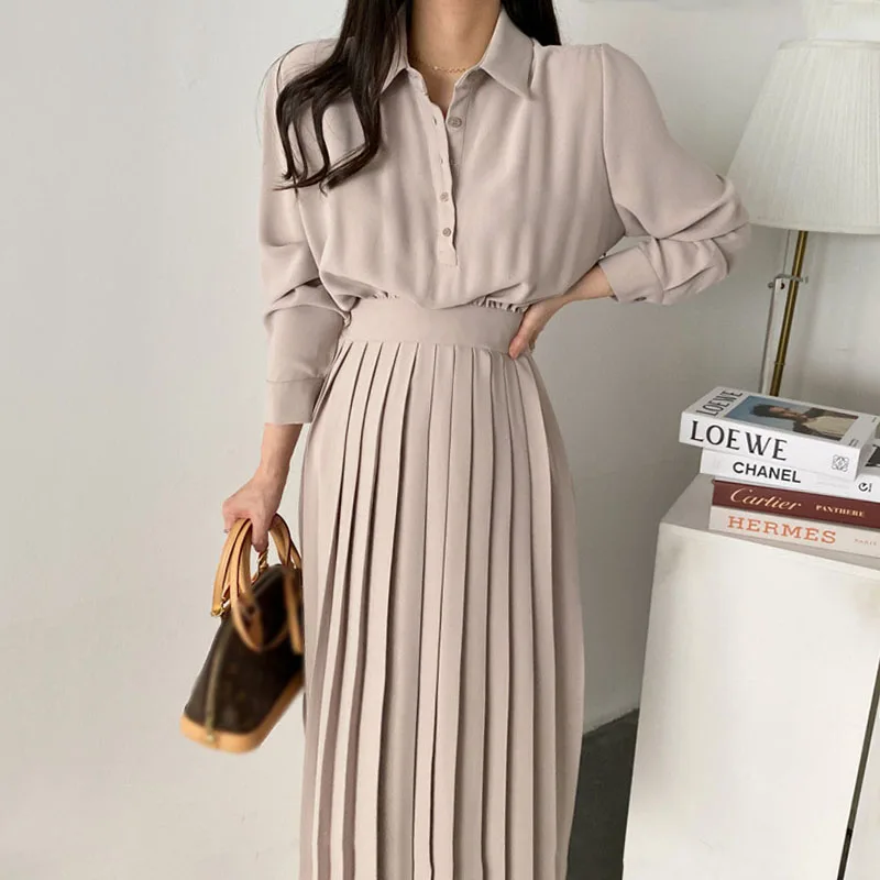 

Dresses Women 2021 New Korean Fashion Elegant Commute Solid Color Lapel Small Breasted Waist Pleated Design Long Dress