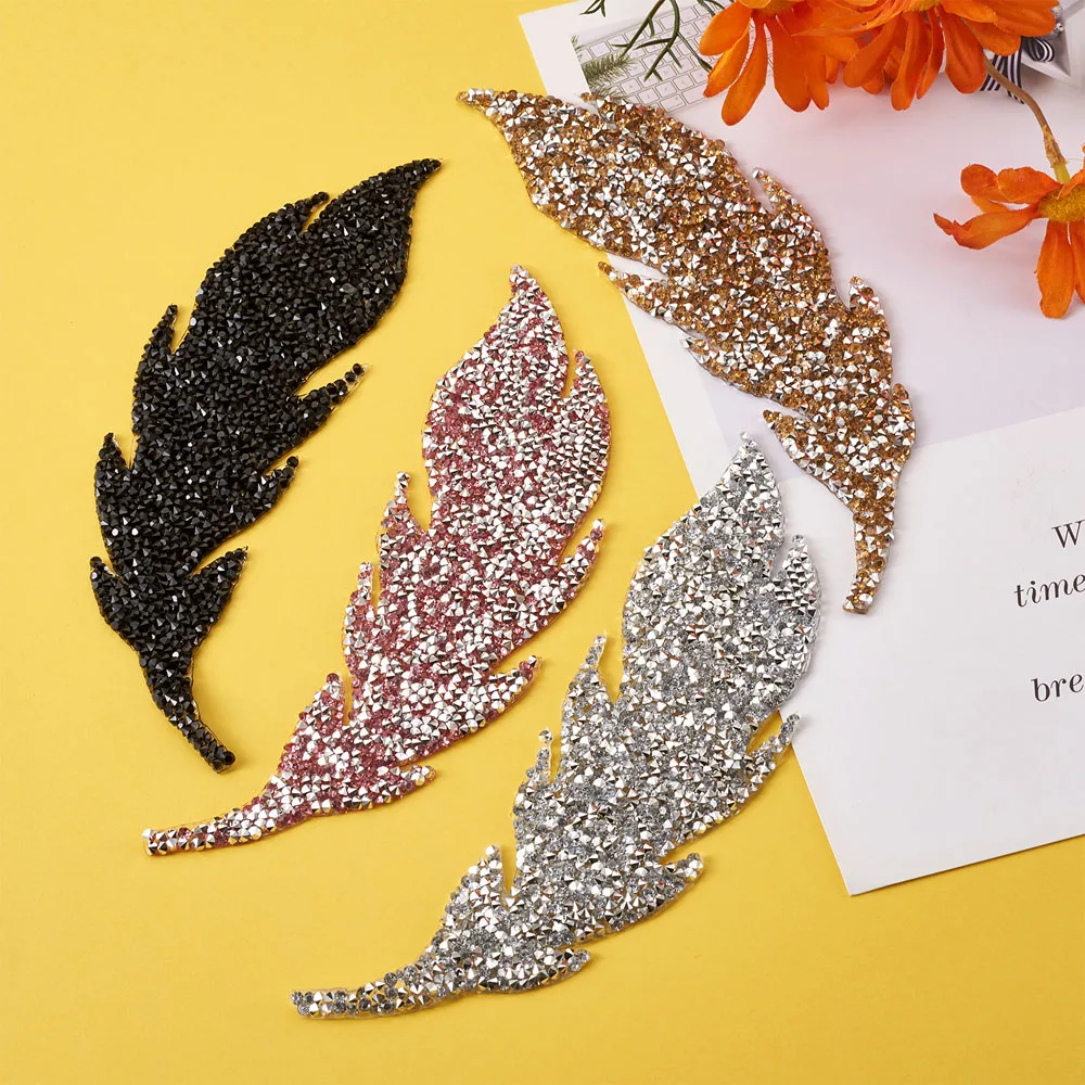 

8Pcs Crystal Leaf Feather Glitter Hotfix Rhinestone Hot Melt Adhesive on the Back For DIY Jewelry Making Costume Accessories