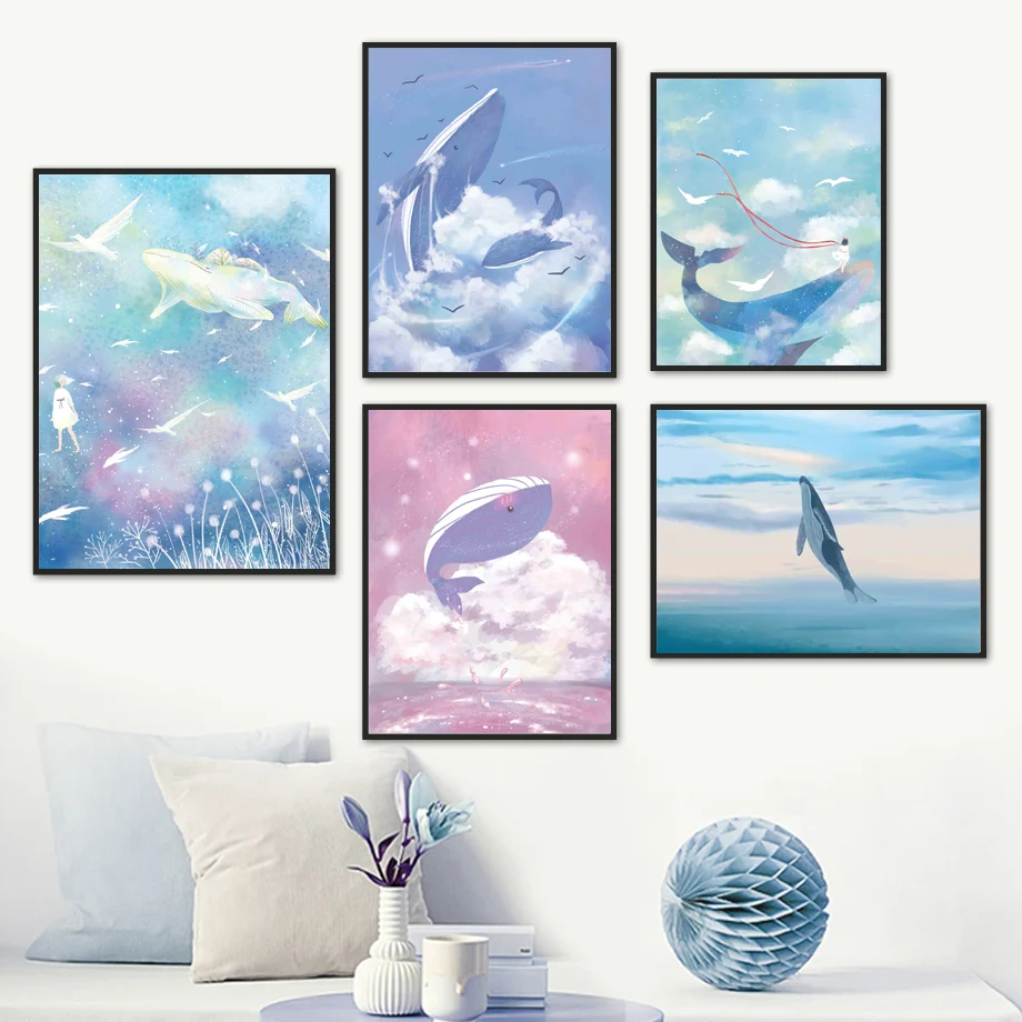 

Kun Whale Girl Sea Seagull Dandelion Sky Cloud Wall Art Canvas Painting Nordic Posters And Prints Wall Pictures Kids Room Decor