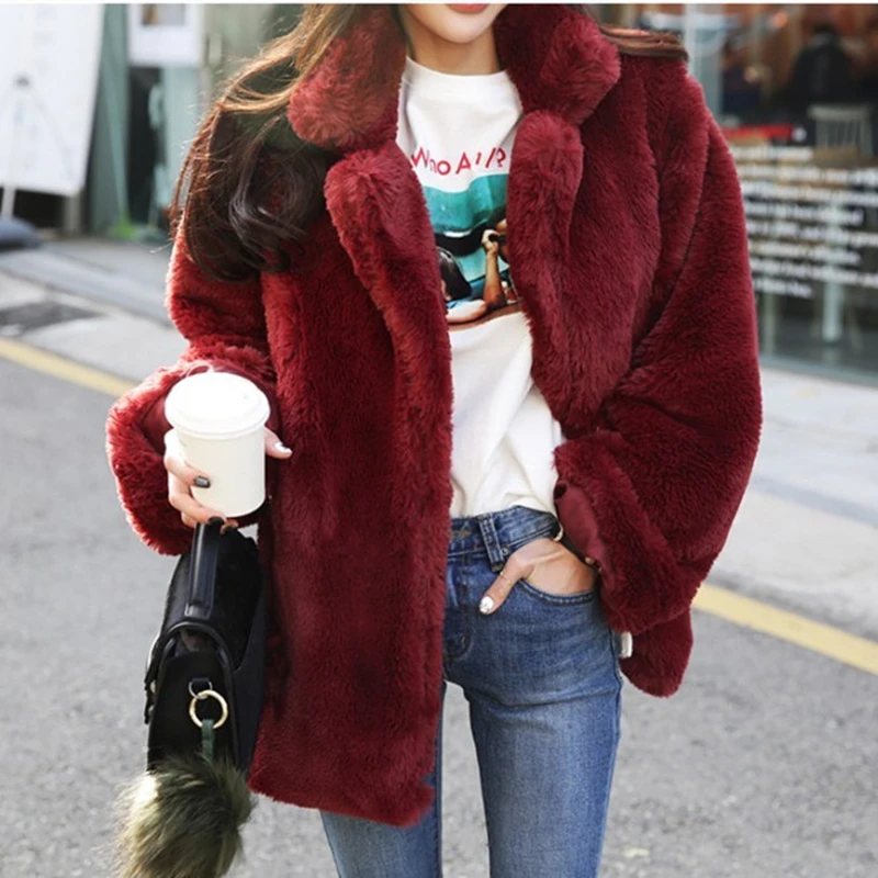 Artificial Fur Collar Warm 2023 Winter New Fur Coat Imitation Plush Thick Cotton Jacket Mid-length Coat Women Fashionable Joker