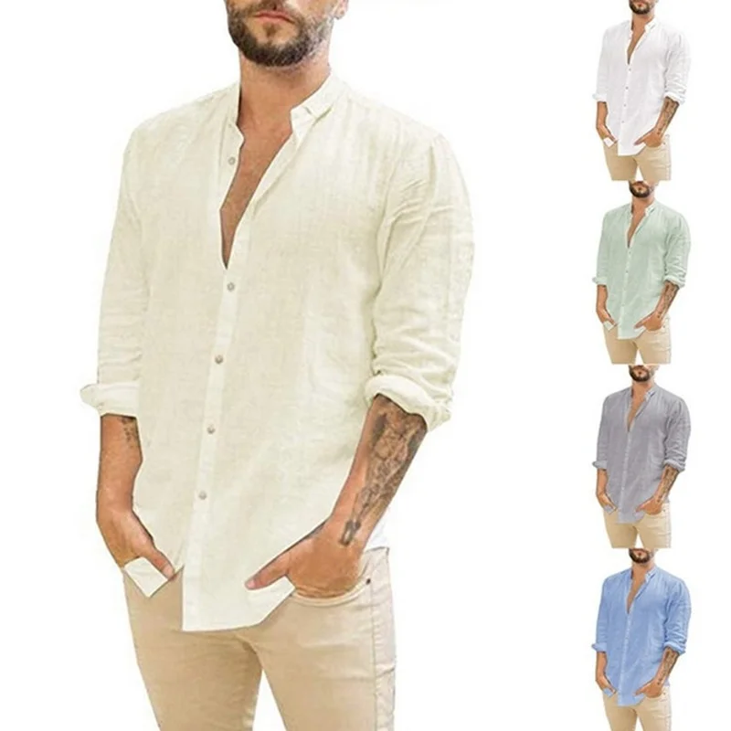 

QIWN 2021 Men's New Linen Cardigan Solid Color Leisure Collar Long-sleeved Shirt