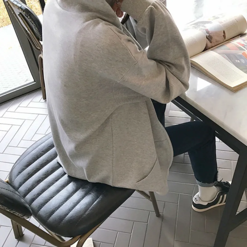 

Women Basic Jackets Solid Simple Hooded Loose Big Size 2XL Slim Track Zipper Ins BF Streetwear Causal Daily Fashion All-match