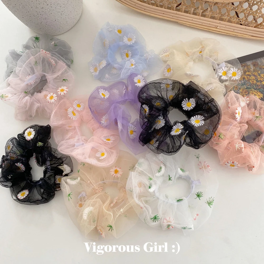 

Sweet Embroidery Flowers Mesh Scrunchies Women Romantic Pink Blue Hair Rope Transparent Tulle Chiffon Hair Ties Hair Accessories