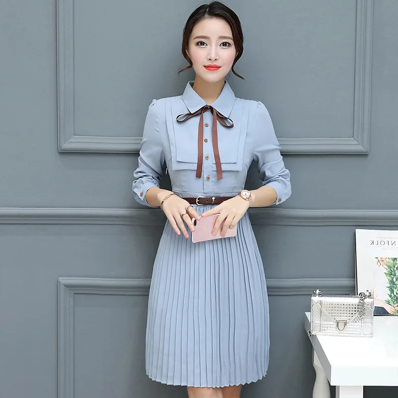 

Chiffon big swing dress female student 2019 summer and autumn new Korean temperament lapel pleated temperament lady dress