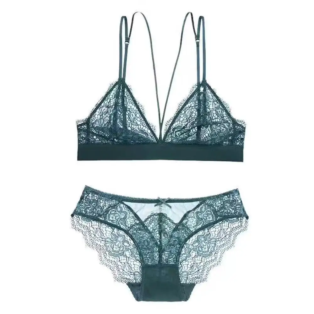 Sexy cross strap lace and no steel ring comfortable underwear ladies bra set black red green