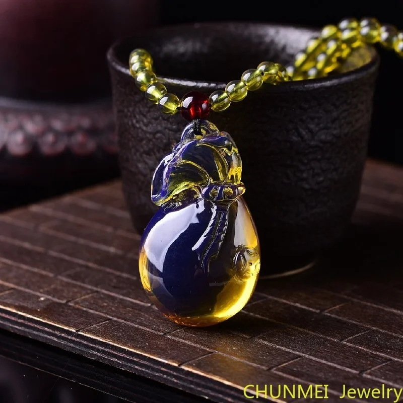 Natural Dominica Blue Amber Original Stone Money Bag Fortune Longevity Necklace Men's and Women's Pendant Beeswax Amber Charms