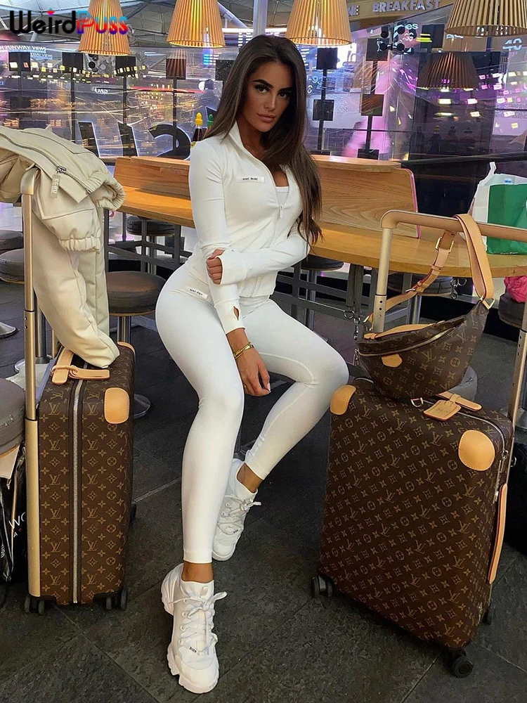 

Weird Puss Fitness 2 Piece Set Women Tracksuit Stretchy Skinny Fall Zip Sweatshirt+Leggings Matching Casual Workout Streetwear