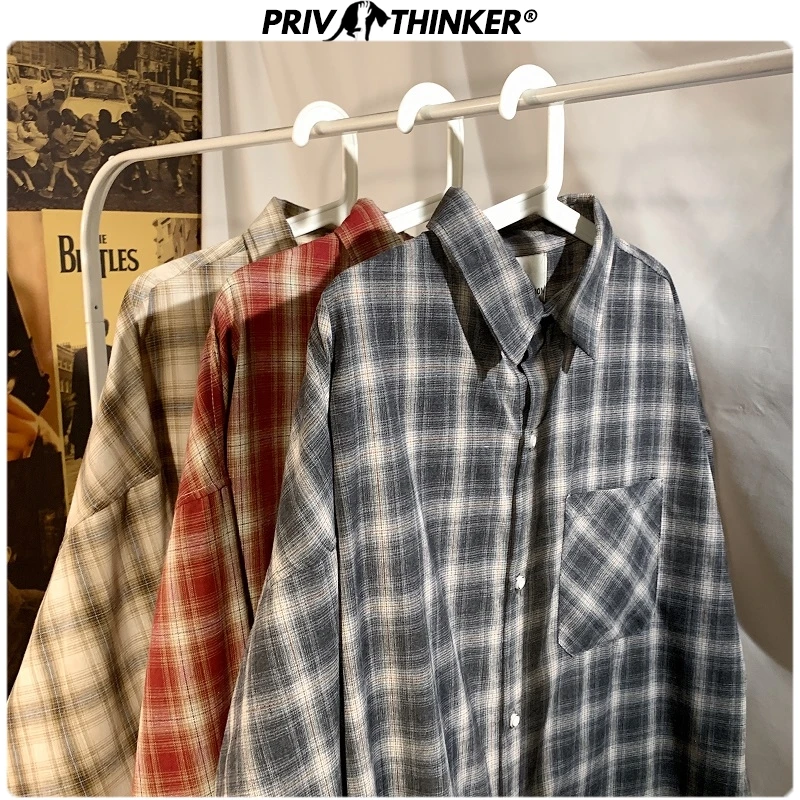 Privathinker Men Spring Long Sleeve Plaid Shirt Mens Office Korean Loose Shirts Male Fashion Harajuku Clothing New Teen 2020 | Мужская