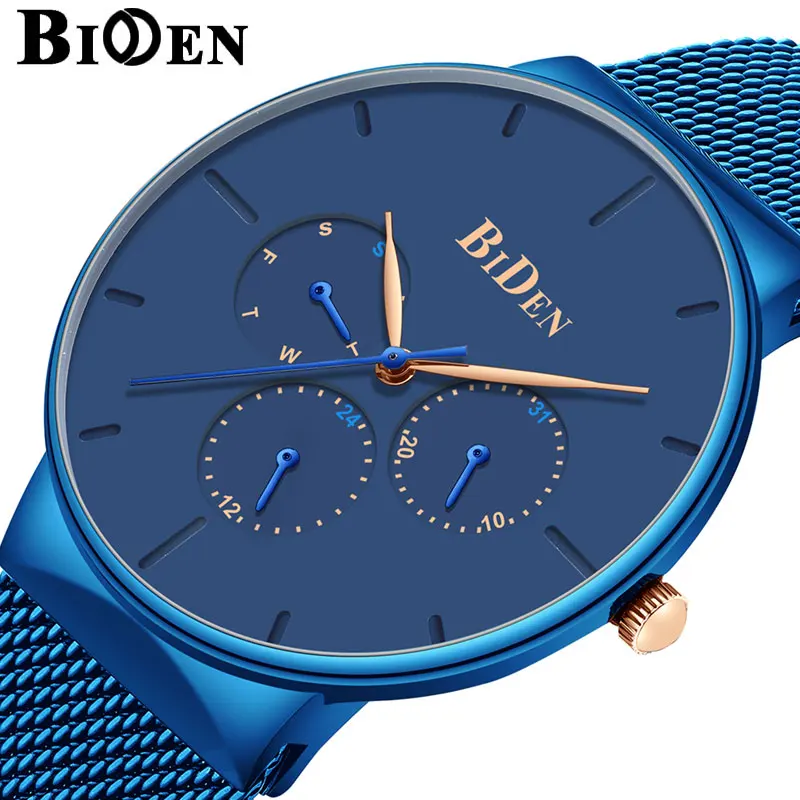 Бренд BIDEN роскошные мужские кварцевые часы стальные водонепроницаемые