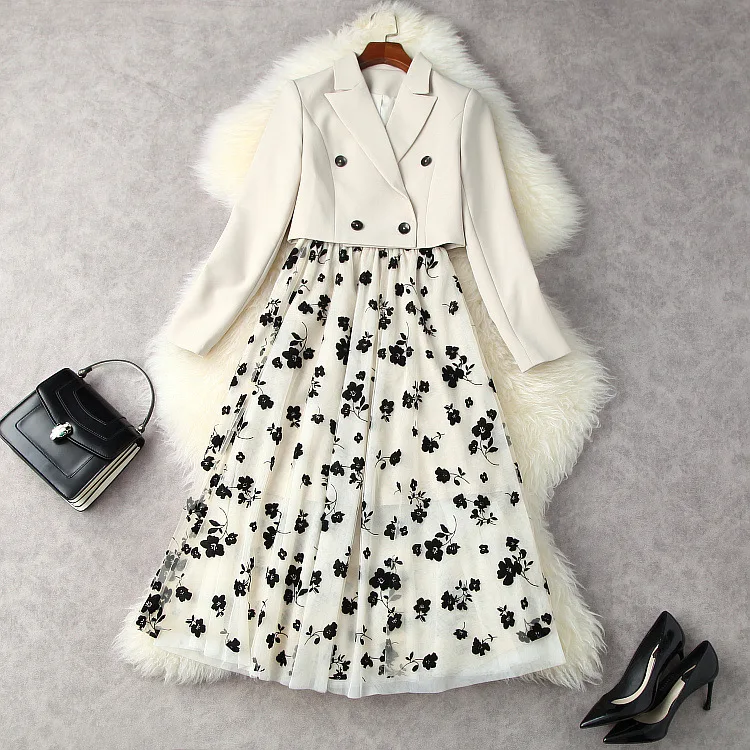 

European and American women's autumn 2021 new Double-breasted jacket long sleeves Condole belt Printed dress fashion two-piece