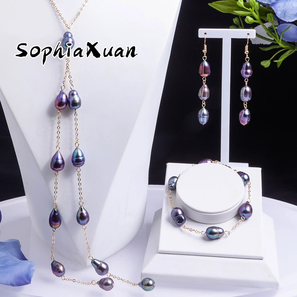 

SophiaXuan New Design Black Freshwater Pearl Jewelry Sets Earrings Samoa Bracelet Fashion Pendants Necklace Sets for Women Gifts