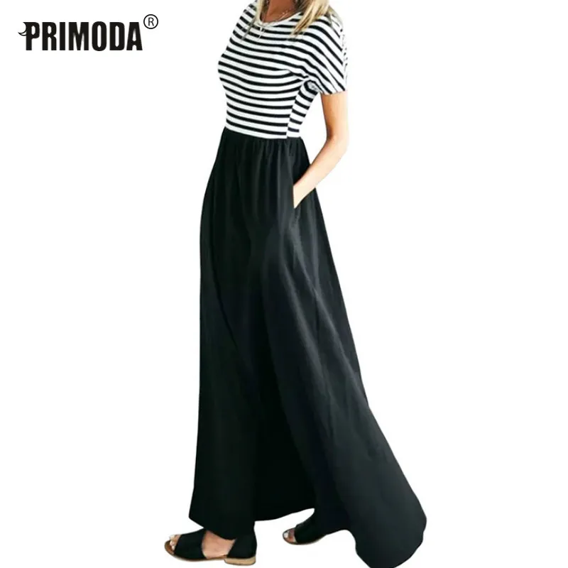 Женское длинное платье Boho летнее Полосатое Макси с коротким рукавом и круглым