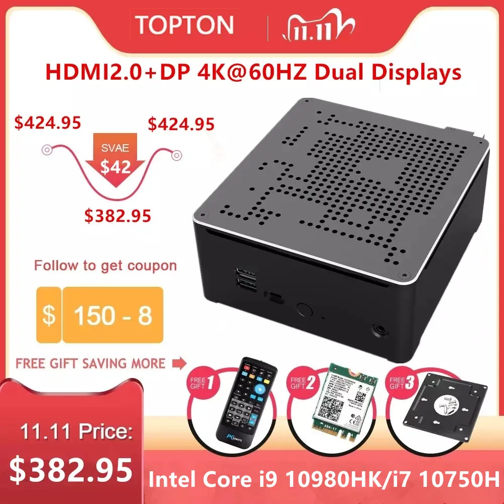 Мини компьютер Topton 10 го поколения Intel i9 10980HK i7 10750H 9880H 8 ядер 2 LAN * DDR4 M.2 NVMe игровой ПК