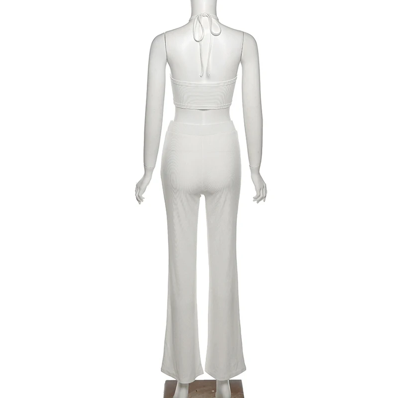

AIIOU 2Pcs Sets Fashion Sexy Bandage Halter Camisole and Trousers Set Women Summer Cusual Wear Outfits Solid Ribknit Female Suit