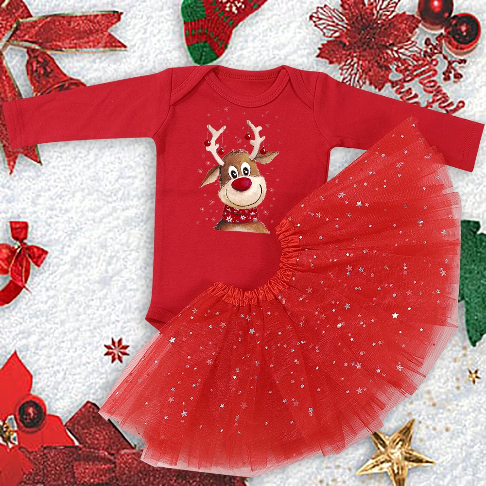 Cartoon Cute Deer Baby Red Cotton Romper Cake Dresses Merry Christmas Girls Long Sleeve Baptism Clothes Outfit Tutu Xmas Gift