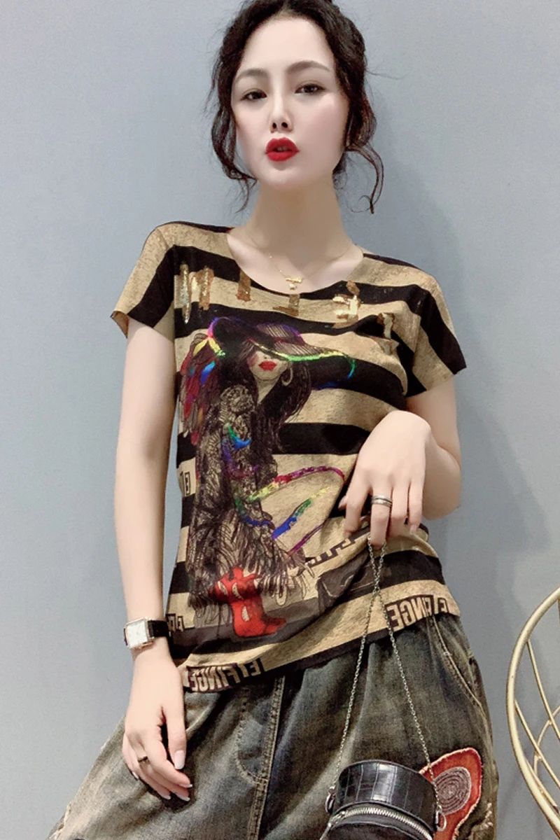 

Fashion Hand-painted Bronzing Personality Printing T-shirt Female O-neck Short-sleeved Clothes 2019 Summer Korean All-match Top