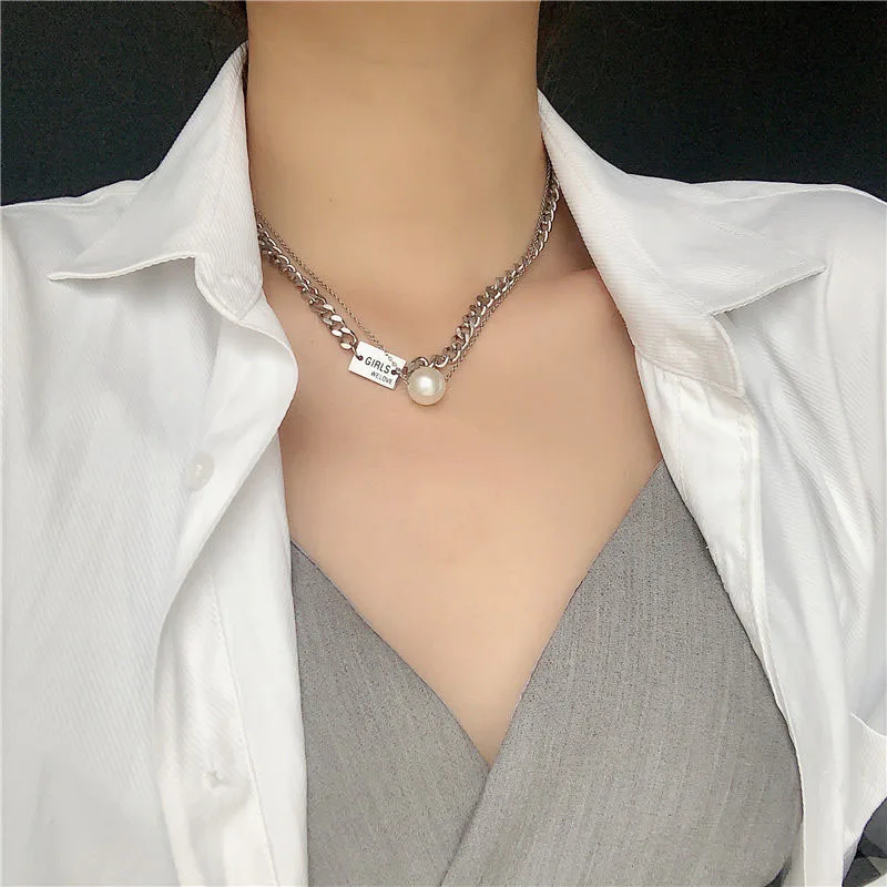Stainless Steel Choker Necklace for Women Letter Engraved Nameplate Charm Chocker Girls Pearl Pendant Statement Jewelry | Украшения и