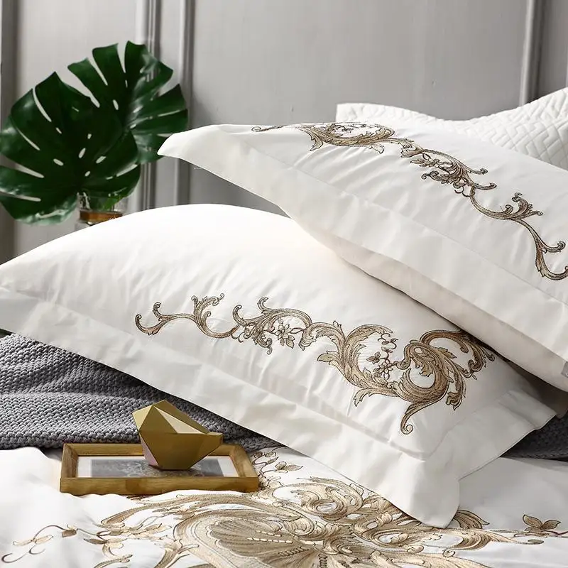 

Golden embroidery egyptian cotton white luxury Bedding Set king queen bed cover set Bedsheets Duvet quilt Cover set pillowcase