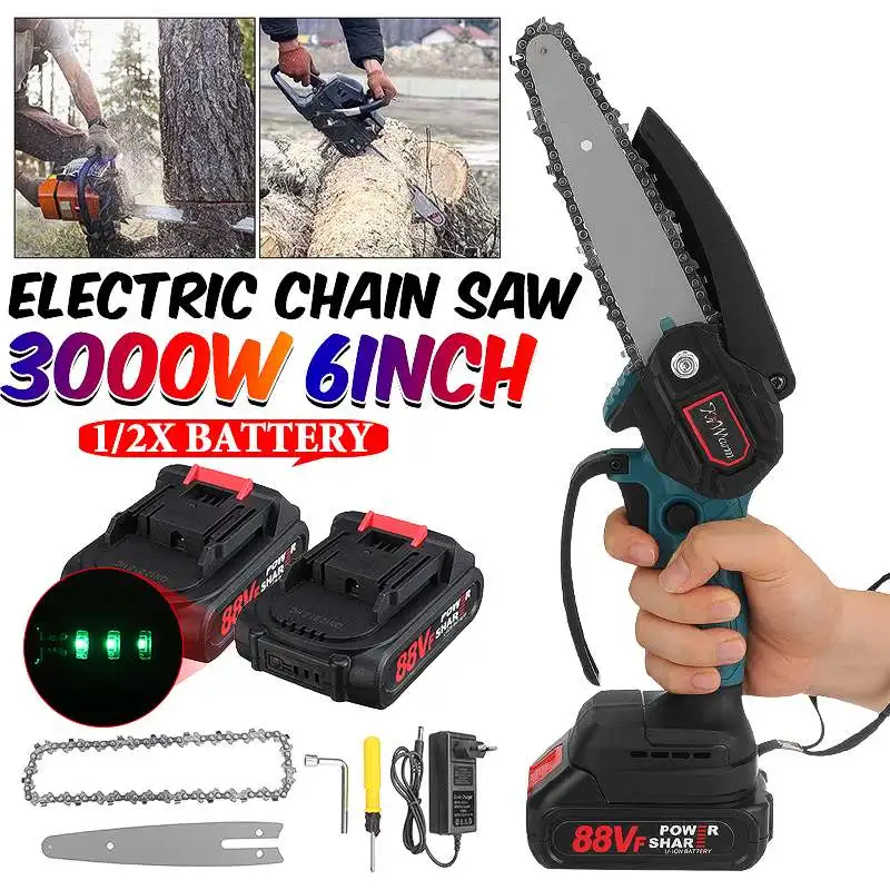 

3000W Rechargeable Cordless Electric Saw Portable Woodworking Chainsaw Mini Chain Saw Pruning Saw Cutting Tool With 1/2 Battery