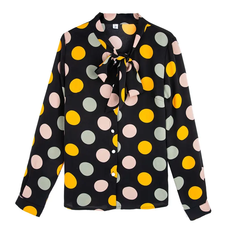 

2021 Spring and Autumn New Shirt Women's Dot Slim Size Shirt Fashion Long Sleeve Bow Stand Collar Dot Shirt
