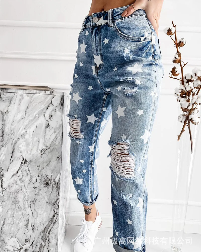 

Женские джинсы со звездами, новинка 2021, синие джинсы