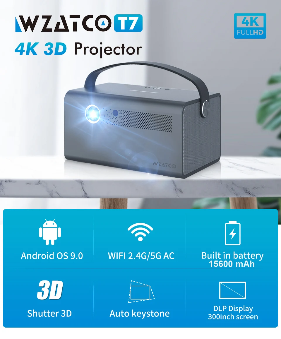 3D-проектор WZATCO T7 DLP Bluetooth 5 300 дюйма 15600 мАч | Электроника