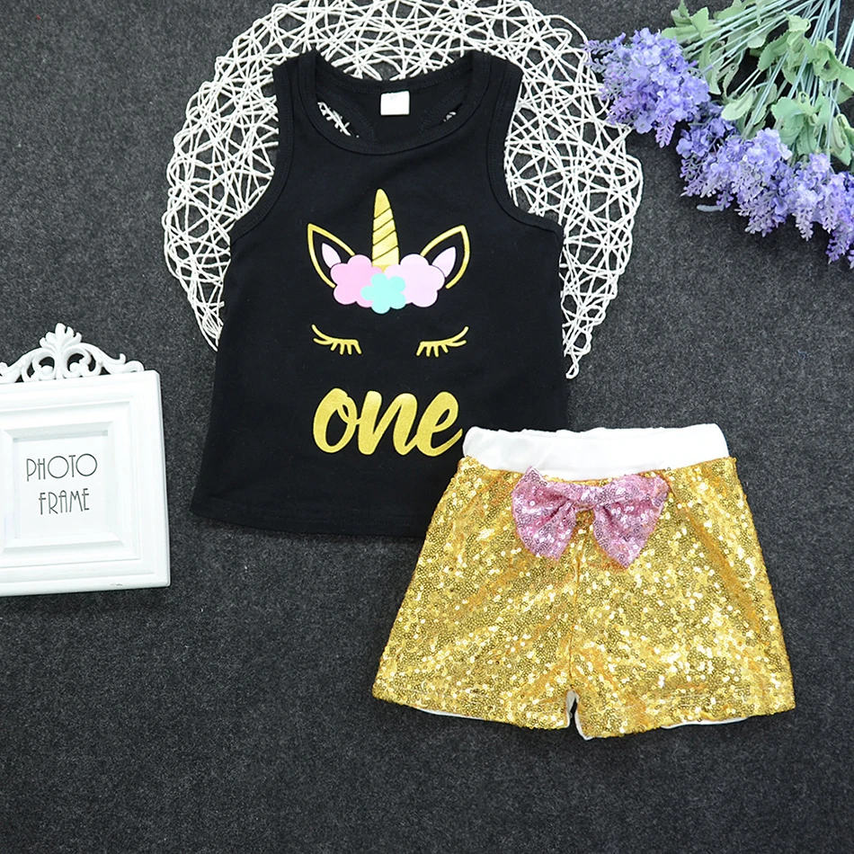 

VOGUEON Infant Clothes Toddler Children Summer Baby Girls Sets Vest Sequins Shorts 2pcs Cartoon Unicorn Clothing Kids Summer Set